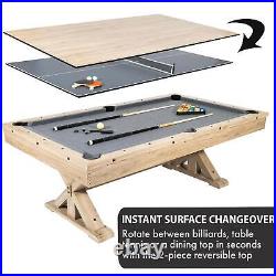 3 in 1 Rustic Oak Game Table Pool Table w Dining Table Top and Ping Pong Table
