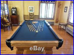 8 Foot Custom Made Solid Oak Pool Table with Accessories and Stick Display