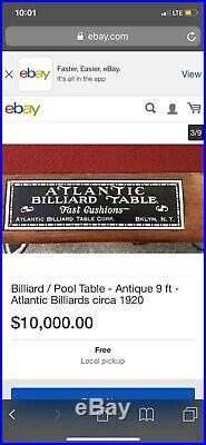 Billiard / Pool Table Antique 9 ft Atlantic Billiards circa 1930 3 slate