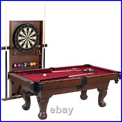 Billiards Ball and Claw Leg 90 Pool Table, Cue Rack, Dartboard, Burgundy