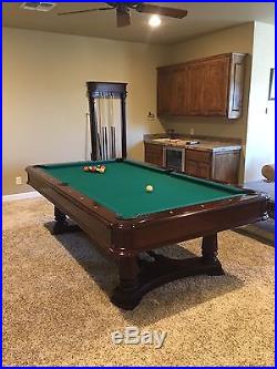 Brunswick 8' Montebello Pool Table, solid mahogany, new cloth, matching cue rack