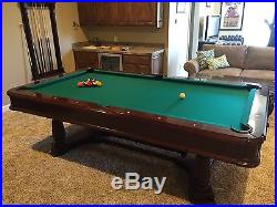 Brunswick 8' Montebello Pool Table, solid mahogany, new cloth, matching cue rack