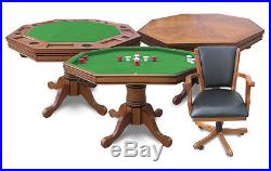 MULTI GAME 3-in-1 ANTIQUE OAK POKER & BUMPER POOL CARD TABLE with 4 CHAIRS SET
