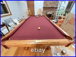 Olhausen Pool Table 8 Foot Slate Red Felt Golden Oak Wood Ball & Claw Feet