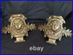 Pair of Antique Ornate Brass Billiard Corner Pockets -Lady Liberty with Leaves