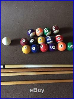 Pool Table 8'6 L x 5' wide, brown top, 15 balls, brush, chalk, 4 cues, no rack