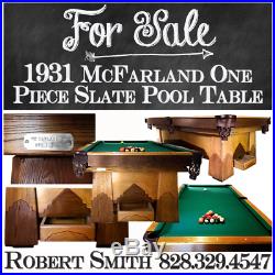 Pool Table-Antique McFarland 1931 1-Piece Slate-Very Nice