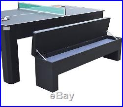 Pool Table Billiard Kit with Tennis Tabletop And Dining Top Two Storage Benches