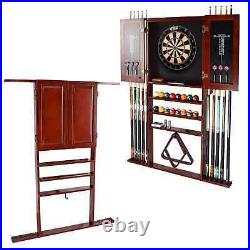 Solid Wood Billiard & Dart Cabinet Set Cue Rack Dartboard Scoreboards Mahogany