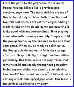 Triumph Sports 6' Portable Pop Up Pool/Billiard Table with Folding Legs