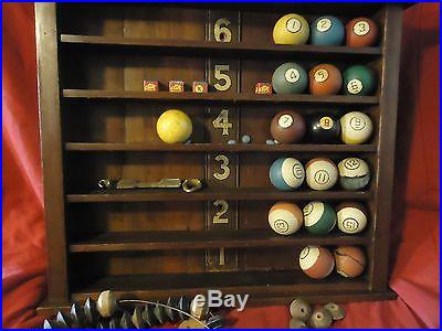 Vintage Brunswick billiard ball wall rack /org. 1940's / balls / beads& tip clamp